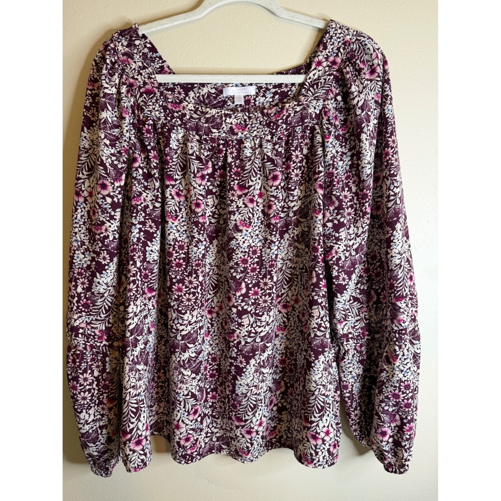 LC Lauren Conrad Burgundy Floral Smocked Square Neck Peasant Blouse XXL